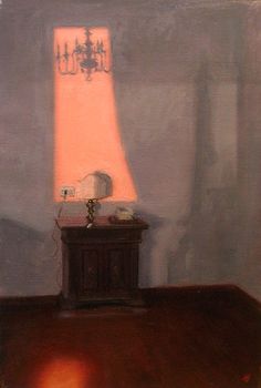 a painting of a table with a lamp on it