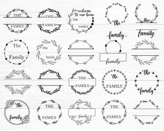 a collection of hand drawn frames with the words family and leaves on them, all in different styles