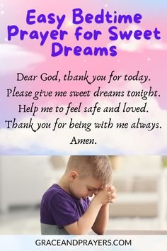 a little boy praying with the words, easy bedtime prayer for sweet dreams