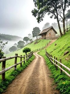 a dirt road leading to a small house on a hill with green grass and trees