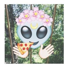 a blue face with flowers on its head holding a slice of pizza in front of trees