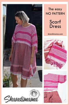 the easy no pattern scarf dress is made with red and white checkerboard fabric