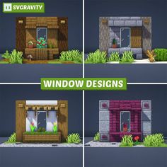 four different windows with plants in them and the words window designs on each one side