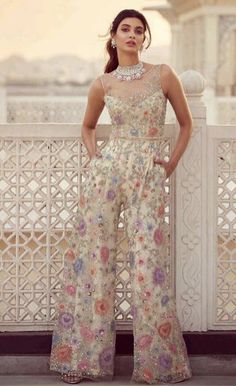 Jumpsuit Outfit Wedding, Floral Pantsuit, Asian Couture, Long Blouse Designs, Diwali Dresses, Anamika Khanna, Indian Bride Outfits