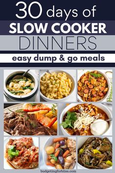 Simplify your meal planning this winter with these 30 days of easy crockpot dinners. These dump and go slow cooker recipes are perfect for busy weeknights, meal prep or set it and forget crockpot meals that will keep your family satisfied all month long. From comforting pasta recipes to hearty soups and stews, these no-fuss family crockpot dinner ideas are frugal and stress-free. Budget crockpot meals, dump and go crockpot dinners, simple crockpot recipes, cheap slow cooker meals Budget Crockpot Meals, Cheap Slow Cooker Meals, Dump And Go Crockpot Dinners, Simple Crockpot Recipes, Crockpot Recipes Cheap, Comfort Pasta