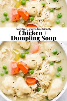 two pictures of chicken and dumpling soup in a white bowl with the title above it