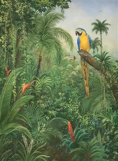 a painting of a parrot perched on a tree branch in the middle of a jungle