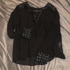 Black Zara Blouse. Very Pretty With Detailing In The Back. Never Worn Casual Long Sleeve Blouse For Going Out, Trendy Black Long Sleeve Blouse, Black Long Sleeve Party Shirt, Trendy Black Workwear Blouse, Edgy Long Sleeve Blouse For Spring, Trendy Black Blouse For Work, Black Long Sleeve Tops For Going Out, Spring Black Blouse For Party, Chic Black Top For Going Out