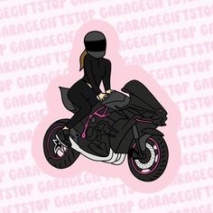 a woman sitting on the back of a black motorcycle with pink accents and text that reads,