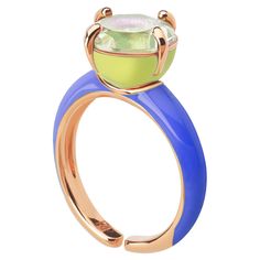 This ROSSOPREZIOSO ring is realized in silver sterling, 24 carat rose gold plated, hand enameled, embellished with hydrothermal quartz. The colors of the enamel are intense blue and a beautiful acid yellow, the stone is a bright and clear green . Adjustable size from 13 to 18. This ring is desing and 100% hand made in Italy. Completed with ROSSOPREZIOSO origianl box and its guarantee. Sparkly Outfits, Ring Plate, Enamel Ring, Silver Enamel, Coco Chanel, Cocktail Ring, Cocktail Rings, Rose Gold Plates, Or Rose