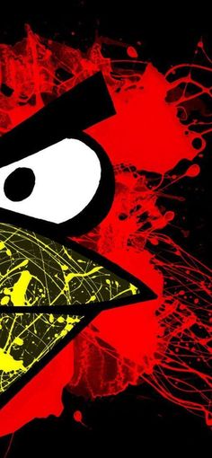 the angry bird is painted in red, yellow and black with paint splatters