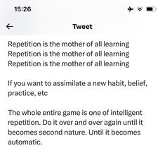 a text message that reads, tweet repeption is the mother of all learning