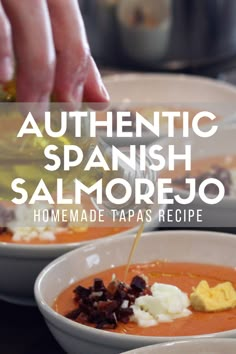 someone pouring olive oil into a bowl of food with the words authentic spanish salmon sauce