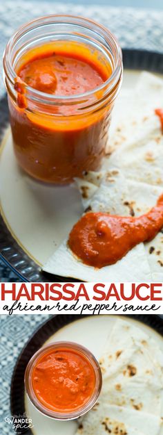 there is a plate with some food on it and the words harisa sauce above it