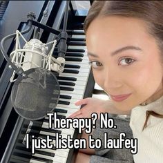 a woman sitting in front of a microphone with the words therapy? no i just listen to laufy