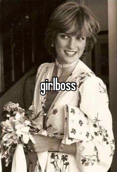 a woman in a white dress holding flowers and the words girlboss on it