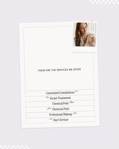 a postcard with the words, there are services we offer and an image of a woman