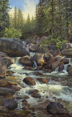 a painting of a river with rocks and trees