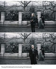 two pictures of the same person in front of a building, one is wearing a suit and