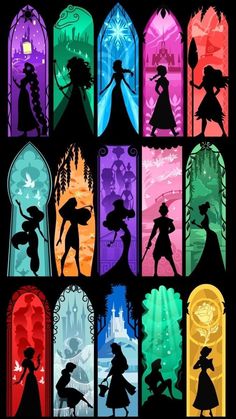 the silhouettes of disney characters in different colors