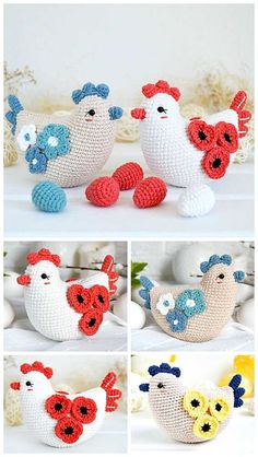 crocheted chickens are shown in four different pictures