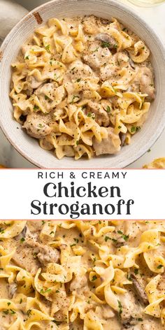 chicken stroganoni with creamy cream sauce in a white bowl