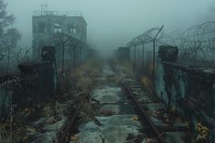 an abandoned train track in the middle of a foggy area with trees and bushes