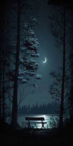 a bench sitting in the middle of a forest under a night sky with moon and stars