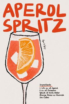 Illustrated Cocktail Recipe, Cocktail Poster Vintage, Retro Cocktail Illustration, Cocktail Painting Easy, Retro Cocktail Poster, Vintage Drink Poster, Aperol Spritz Print, Retro Illustration Poster, Aperol Spritz Drawing