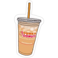 a drink with a straw in it sitting on top of a sticker that says dunkin'donuts