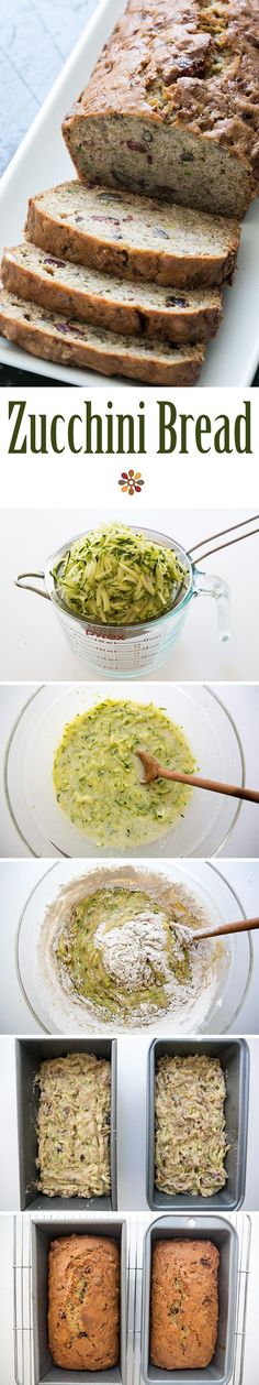 the process of making zucchini bread is shown here