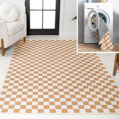 a living room with a checkered rug and a washing machine