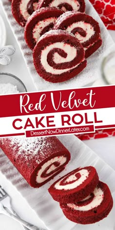 red velvet cake roll on a plate with powdered sugar