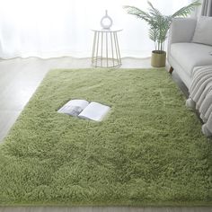 a green rug with a book on it