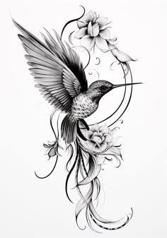 a black and white drawing of a humming bird with flowers on it's back