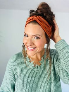 "This corduroy headband is stretchy and soft yet so warm-PERFECT for the upcoming fall and winter seasons. It comes in a rustic orange/copper with thin black stripes. Can choose to add buttons to it to hold your mask for no extra charge. Versatile and cute, sure to suit your needs! Due to the nature of corduroy it is a more snug fit then our other headbands but still has give.  one-size-fits-most Width: 3\"-3.5\" depending on if you choose to bunch up the seam or not. CARE INSTRUCTIONS: Although we wash fabric in Mollys Suds before cutting into or ironing it, we still recommend you machine or hand wash on cold and air or tumble dry for increased longevity." Big Headbands, Fall Headband, Fall Headbands, Warm Headbands, Rustic Orange, Twisted Headband, Orange Copper, Headband Outfit, Black Headband