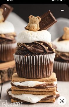 chocolate cupcakes topped with marshmallows and teddy bear icing, sitting on top of each other