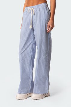 PRODUCT INFO Pants Relaxed fit Elastic tie waist Pinstriped pattern Matching set 100% Cotton Model wears size S Model height is 5'9 Item care: Wash with similar color Striped Linen Pants, Summer Lounge, Pant Trends, Pinstripe Pants, Women Y2k, Printed Wide Leg Pants, Summer Pants, Pants Casual, Summer 24