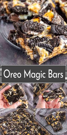 oreo magic bars are stacked on top of each other and ready to be eaten