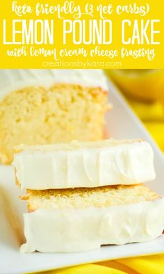 lemon pound cake with cream cheese frosting on a white plate