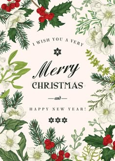 merry christmas and happy new year greeting card with holly, poinsettis and flowers