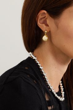 Founded by sisters, Amalie and Cecilie Moosgaard, LIÉ STUDIO's pieces work well for every occasion. Crafted from gold-plated silver, these 'Julie' earrings have bulbous drops that swish beneath spherical studs. Wear them alone with a simple dress or tailoring for a timeless look. Gold-plated Pearl Earrings For Formal Occasions, Elegant Gold Pearl Earrings With Polished Finish, Formal Yellow Gold Tarnish Resistant Pearl Earrings, Elegant Gold-tone Clip-on Earrings For Anniversary, Gold Sterling Silver Earrings For Everyday Luxury, Elegant Yellow Gold Plated Clip-on Earrings, Timeless Gold Pearl Earrings For Evening, Classic Gold Jewelry For Evening, Classic Gold Linear Earrings For Anniversary