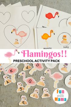 flamingos preschool activity pack with the words, i love my mommy and other letters