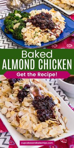 baked almond chicken with cranberry sauce and broccoli on the side is shown