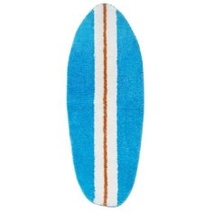 a blue surfboard with white and brown stripes on the bottom, against a white background