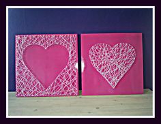 two pieces of string art are shown in pink and white, one is shaped like a heart