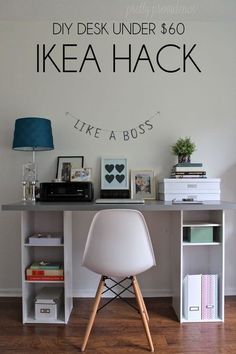 a white chair sitting in front of a desk with bookshelves on top of it