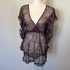 Victoria Secret Beach Cover Up Purple Pink Green Black Color New Never Worn 100% Polyester Purple V-neck Beach Top, Lavender Summer Vacation Top, Lavender Floral Print Top For Vacation, Floral Print Lavender Top For Vacation, Purple Floral Print Summer Top, Summer Purple Floral Print Top, Summer Floral Print Purple Tops, Lavender Summer Top For Vacation, Lavender Summer Tops For Vacation