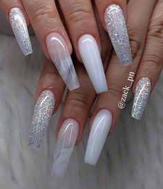 White And Silver Nails, Long Acrylic Nail Designs, Ombre Acrylic Nails, Glamour Nails, White Acrylic Nails, Cute Acrylic Nail Designs