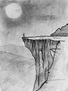 a drawing of a man standing on top of a cliff in the middle of nowhere